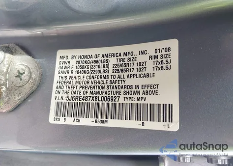 2008 Honda Cr-V Ex-L from USA, damaged, VIN 5J6RE487X8L006927
